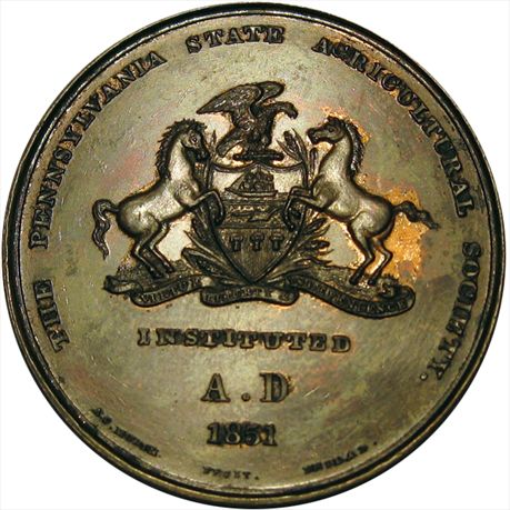 Mint Medal 1851 Pennsylvania State Agricultural Society.  Julian AM-65 Bronzed