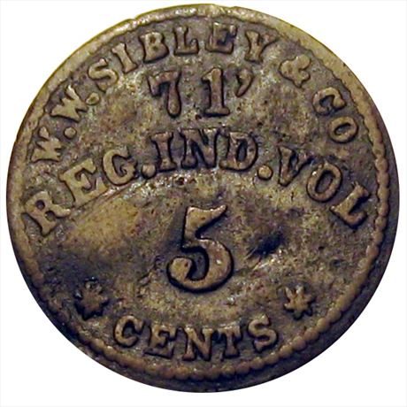 134  -  IN N- 5 B  R8  VF 71st Indiana Volunteers Civil War Sutler token