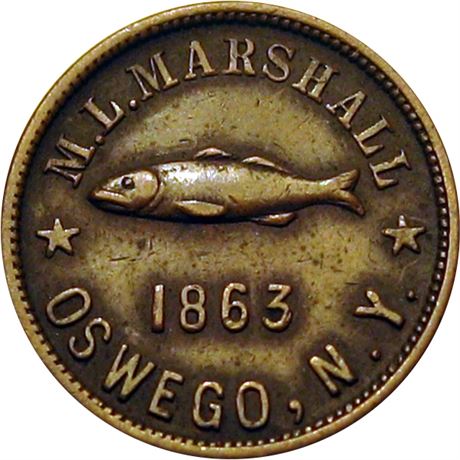 255  -  NY695A-2a R1 Raw VF Coin Dealer Fishing Tackle Oswego NY Civil War token
