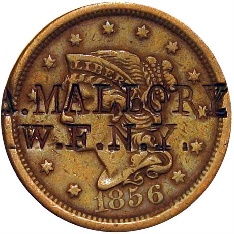 283 - A. MALLORY / W. F. N.Y. on the obverse of an 1856 Large Cent Raw EF