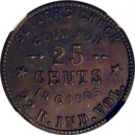 84  -  IN-22-10B R8 NGC MS62 22nd Indiana Volunteers Civil War Sutler token