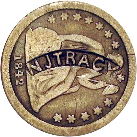 317 - N. J. TRACY in raised letters in a curved depression on 1842 Dime Raw VF