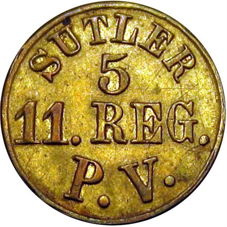 99  -  PA-11c-05B R8 Raw AU 11th Pennsylvania Cavalry Civil War Sutler token