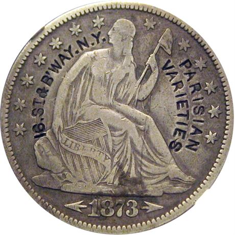 291 - PARISIAN VARIETIES 16. St & B'WAY. N. Y. on 1873-CC Half Dollar NGC VF25