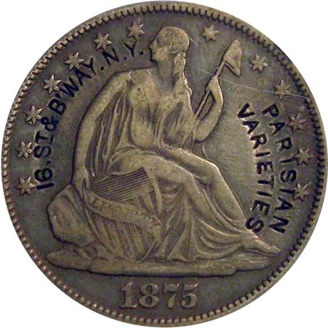 294 - PARISIAN / VARIETIES / 16. St & B'WAY. N. Y. on 1875 Half Dollar NGC XF40