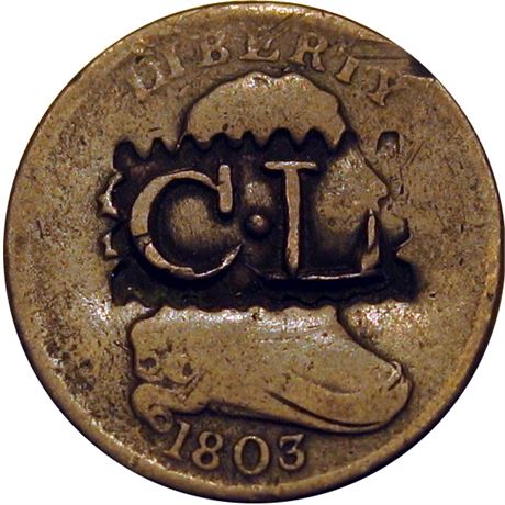 278 - C-L on the obverse of an 1803 Half Cent. Raw VF