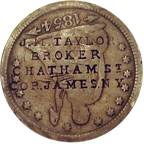 314 - J. M. TAYLOR BROKER CHATHAM St COR. JAMES. N.Y. on 1854 Quarter Raw VF