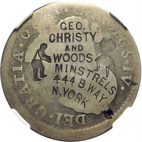 266 - GEO. CHRISTY AND WOODS MINSTRELS 444 B.WAY N. YORK on 1790 2 Real NGC AG3