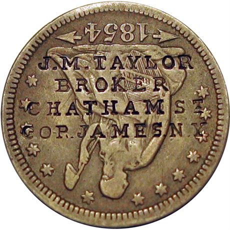 313 - J. M. TAYLOR BROKER CHATHAM St COR. JAMES. N.Y. on 1854 Quarter Raw EF