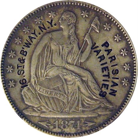 292 - PARISIAN / VARIETIES / 16. St & B'WAY. N. Y. on 1874 Half Dollar NGC AU58