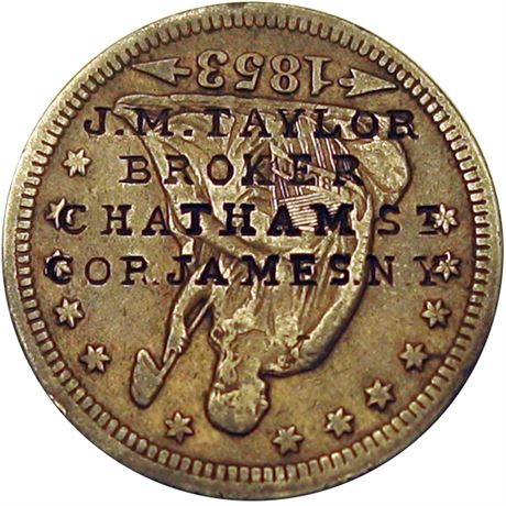 309 - J. M. TAYLOR BROKER CHATHAM St COR. JAMES. N.Y. on 1853 Quarter Raw EF