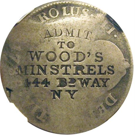 325 - ADMIT TO WOOD'S MINSTRELS 444 Bd WAY NY on 1788 Two Real NGC AG3
