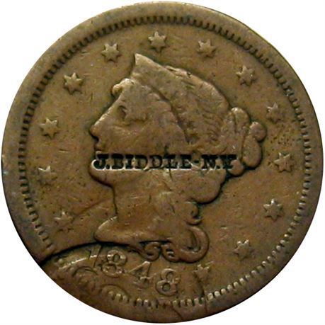 339  -  J. BIDDLE - N.Y on obverse of 1848 Cent  Raw VF