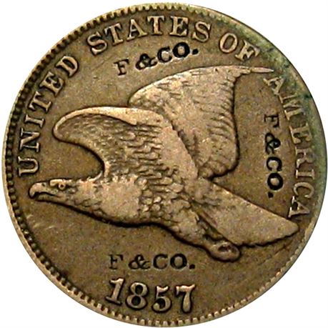 359  -  F & CO. on 1857 Flying Eagle Cent four times  Raw VF