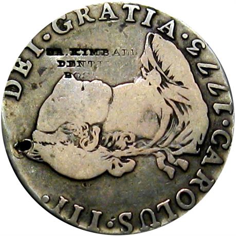 383  -  DR. KIMBALL DENTIST BOST(ON) on obverse of 1773 Four Real  Raw FINE+