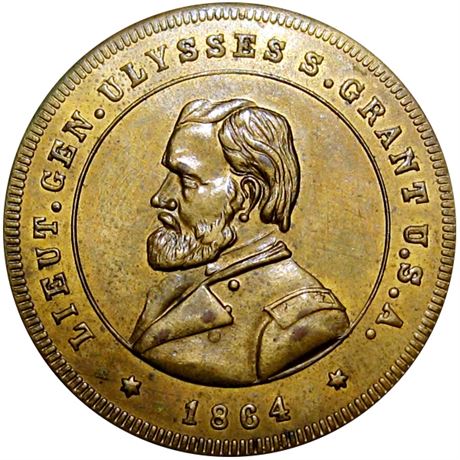 751  -  USG 1864-1 BR  Raw AU+ Ulysses S Grant Political Campaign token