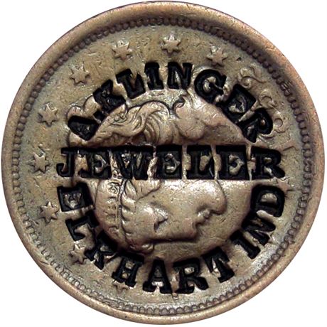 439  -  A. KLINGER / JEWELER / ELKHART IND on 1852 Large Cent Raw EF