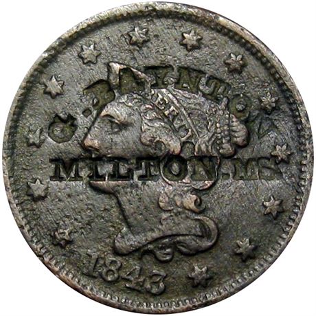 415  -  G. BAYNTON / MILTON, MS. on obverse of 1843 Large Cent Raw VF Details