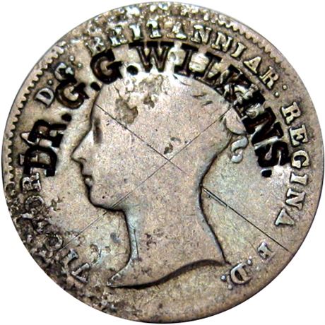 477  -  DR. G. G. WILKINS. curved on 1838 English Three Pence Raw EF