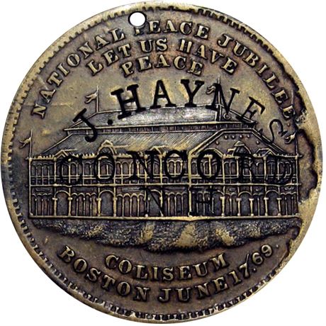 436  -  J. HAYNES / CONCORD / N. H. on obverse of 1869 Boston token Raw VF