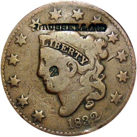459  -  J. RUSSELL & Co. on the obverse of an 1832 Large Cent Raw VF