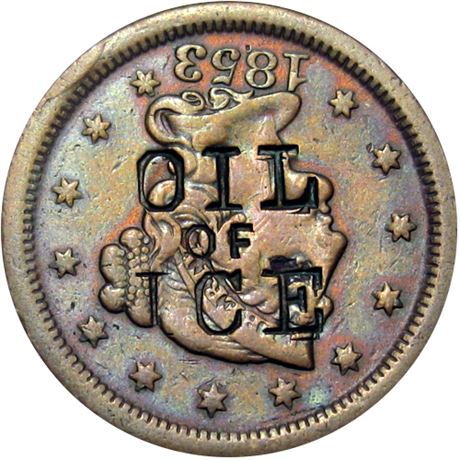 449  -  OIL / OF / ICE on the obverse of an 1853 Cent Raw VF