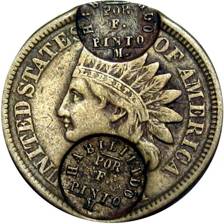 450  -  HABILITADO / POR / F. / PINTO / M twice on obverse of 1861 Cent Raw EF