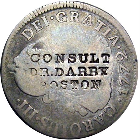 421  -  CONSULT / DR. DARBY / BOSTON on obverse of a 1772 Two Real Raw VF