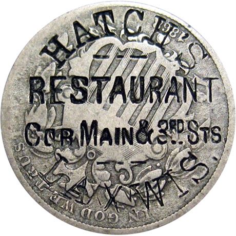 433  -  HATCH'S/RESTAURANT/Cor Main & 3rd Sts./LAX, WIS. on 1868 Nickel Raw VF