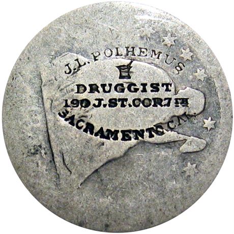 451  -  J. L. POLHEMUS/DRUGGISTS...SACRAMENTO CAL. on 1855 Quarter Raw VF