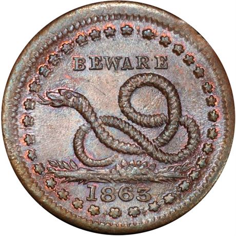 284  -  136/397 a R1 PCGS MS66 BN Beware Snake Patriotic Civil War token